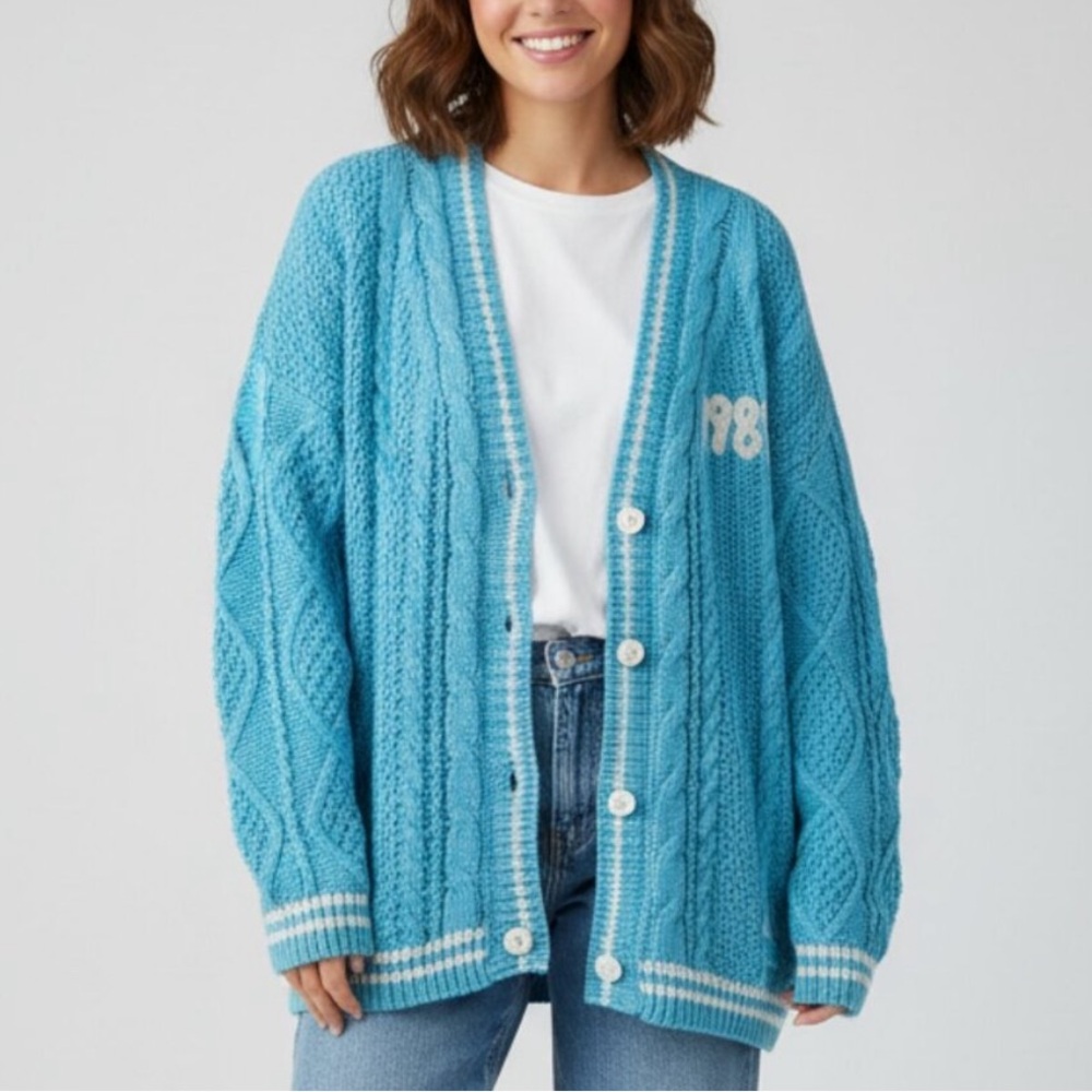 TAYLOR SWIFT 1989 Cardigan Sweater Blue Cableknit Vneck Size XL-XXL